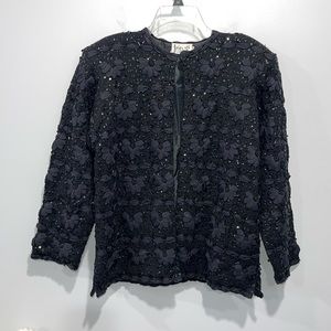 Vintage 1980s Iris knit jacket cardigan heavily embroidered sequined black